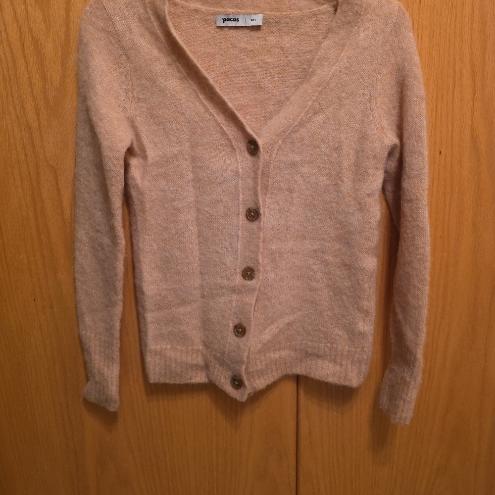 Pacas Baby Alpaca Merino Wool Blend Beige Sz S Button Cardigan Preppy Classic